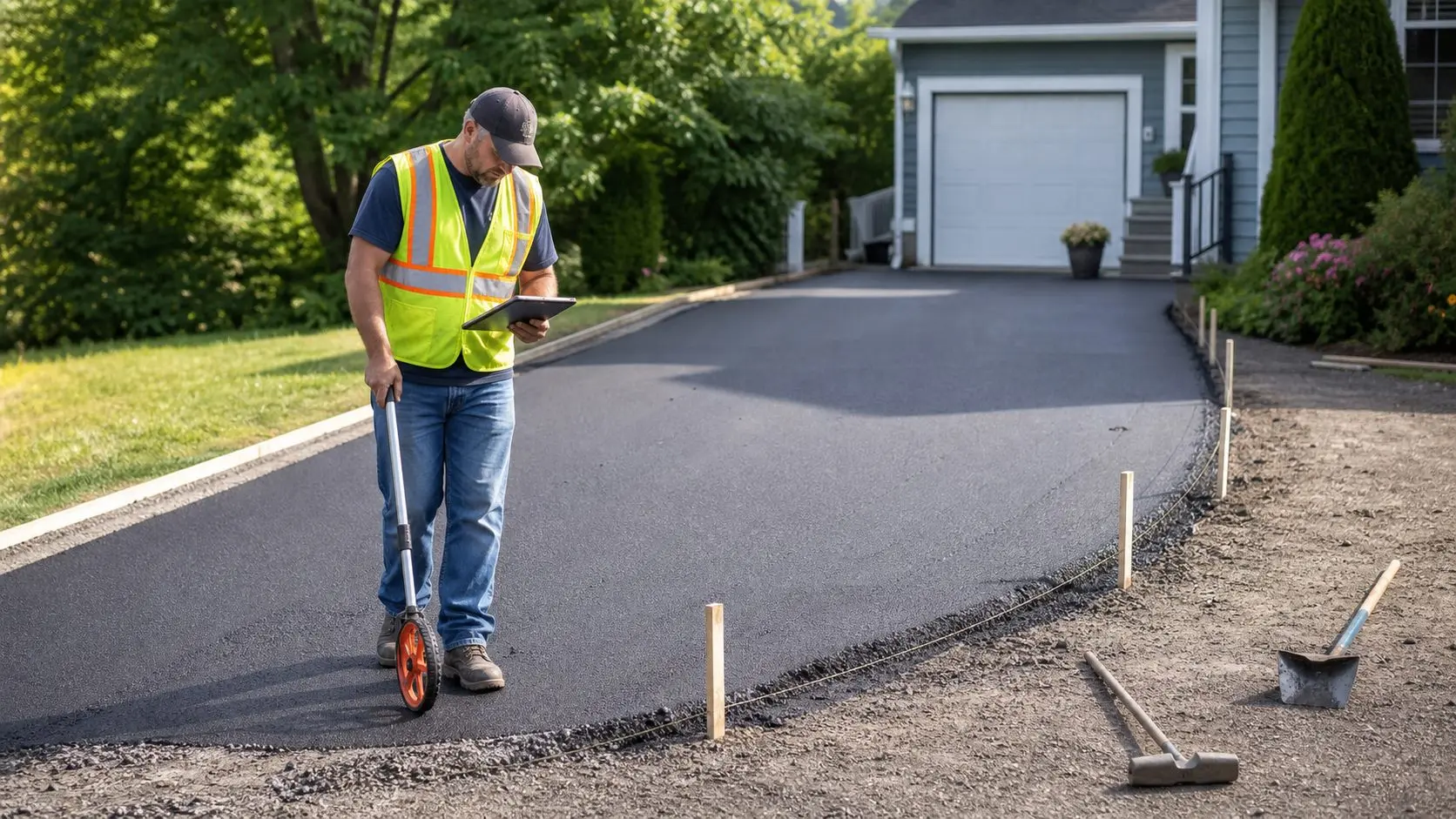 Asphalt contractor measuring a residential driveway for paving cost calculation