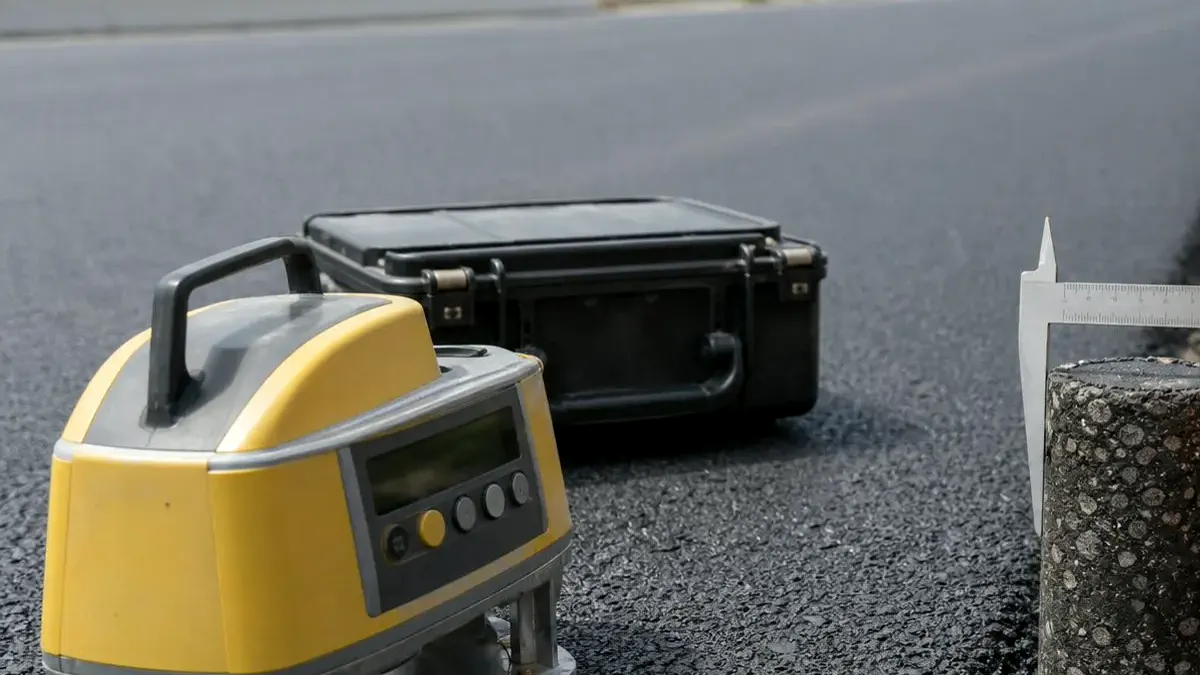Asphalt pavement core and measuring tools used to check compacted layer thickness