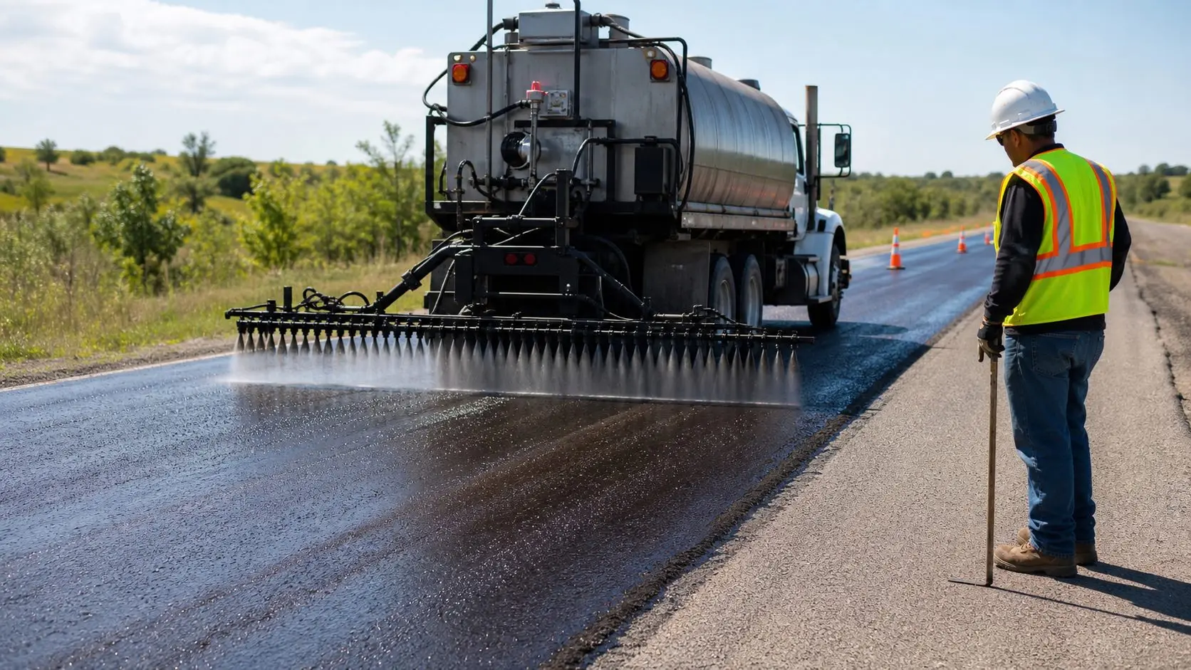 Bitumen distributor truck applying spray binder for chip seal surface dressing