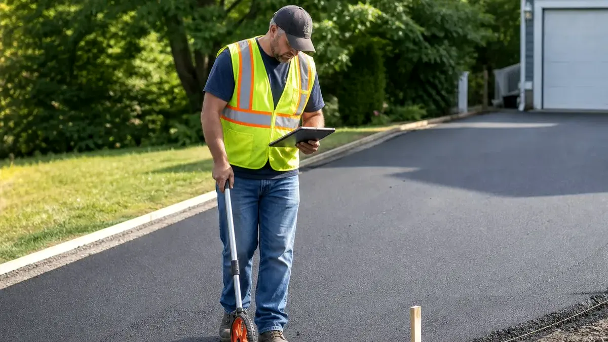 Contractor measuring driveway dimensions for an asphalt quantity estimate