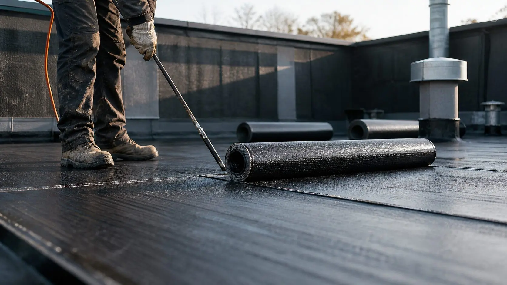 Modified bitumen roofing membrane rolls being installed on a flat commercial roof