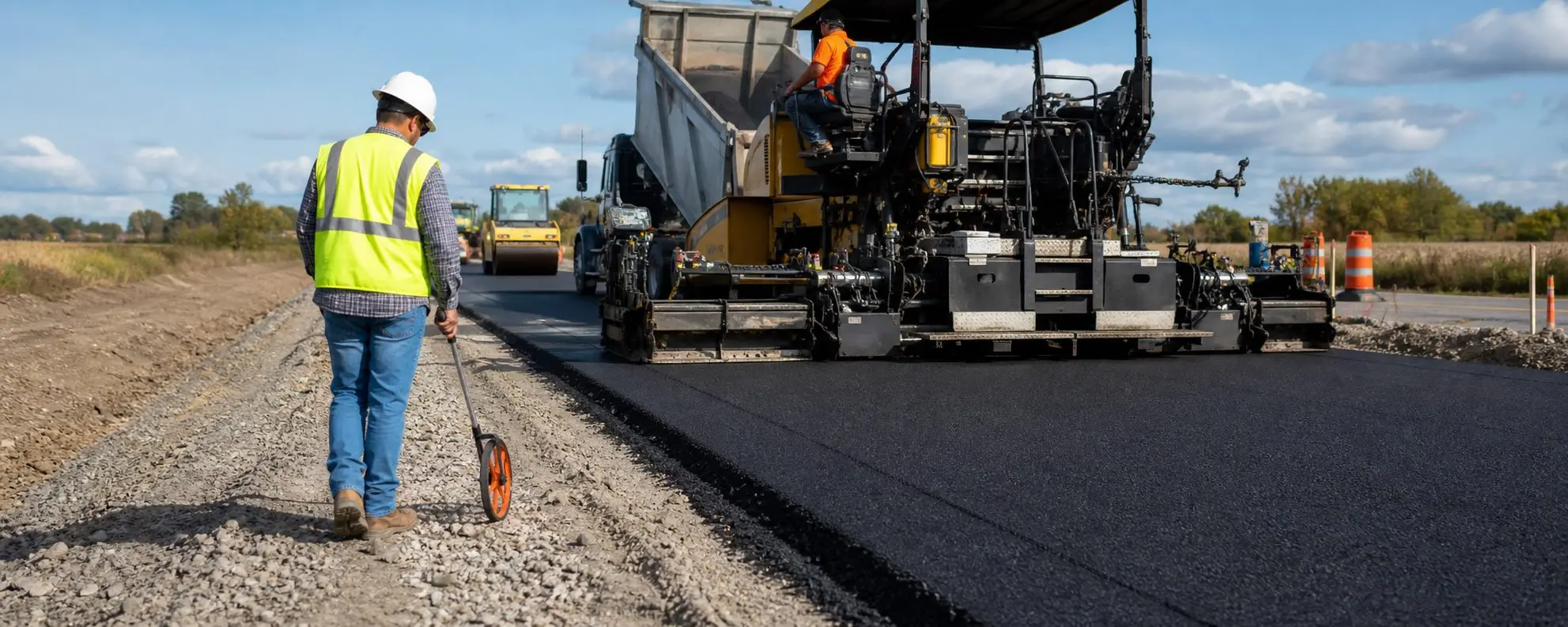 Asphalt paving machine laying hot mix asphalt on a road construction project