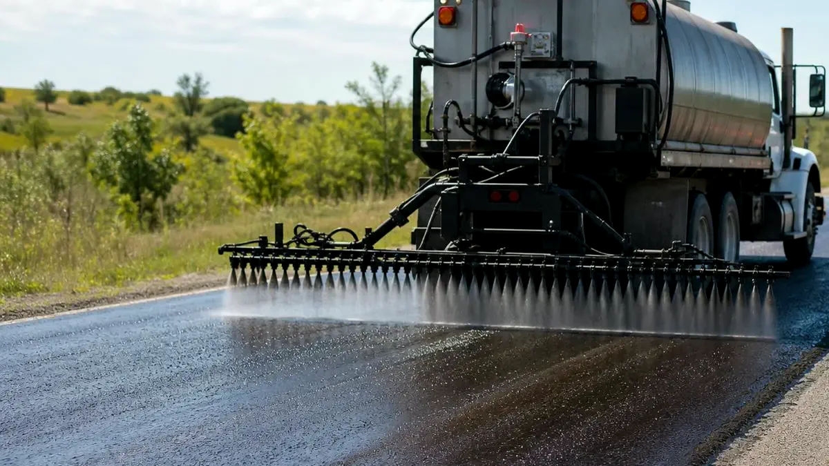 Road crew applying tack coat spray between asphalt pavement layers