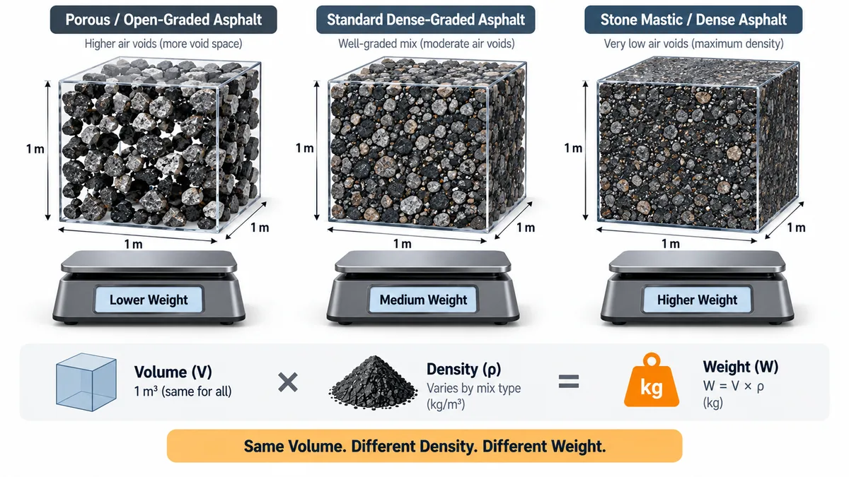 Three equal-volume asphalt samples illustrating that density changes the resulting material weight