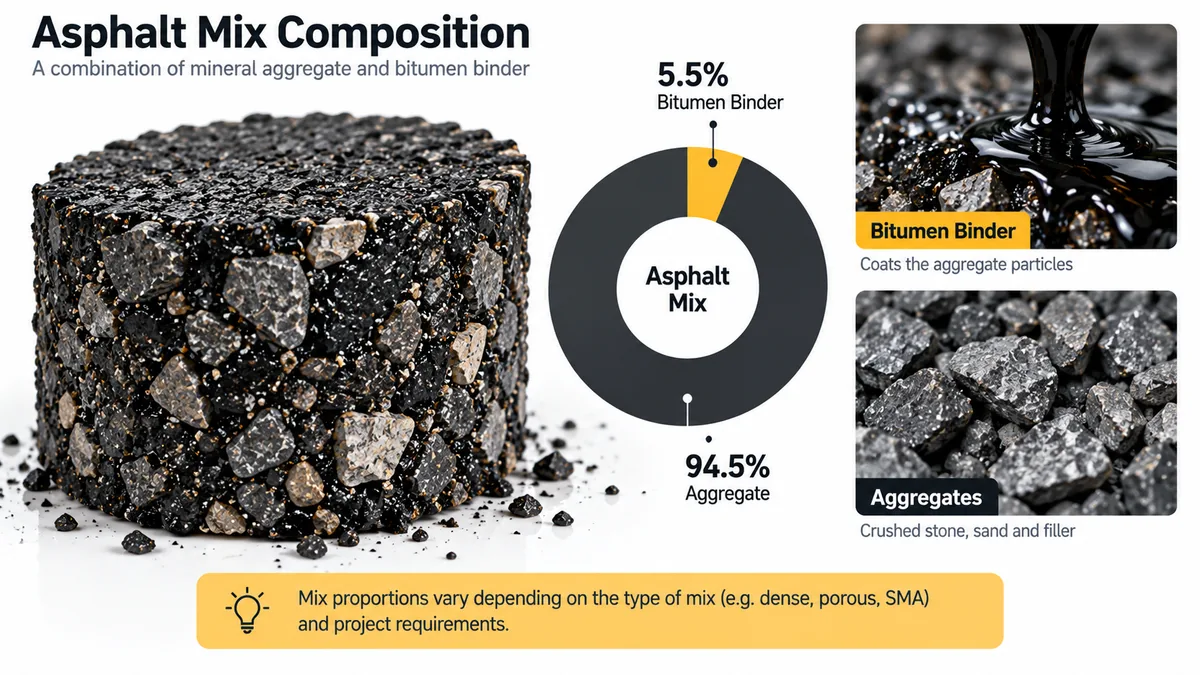 Asphalt mix composition showing bitumen binder coating crushed stone aggregate