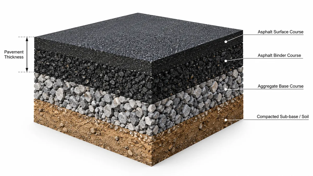 Asphalt pavement cross-section showing surface course, binder course, aggregate base and compacted sub-base