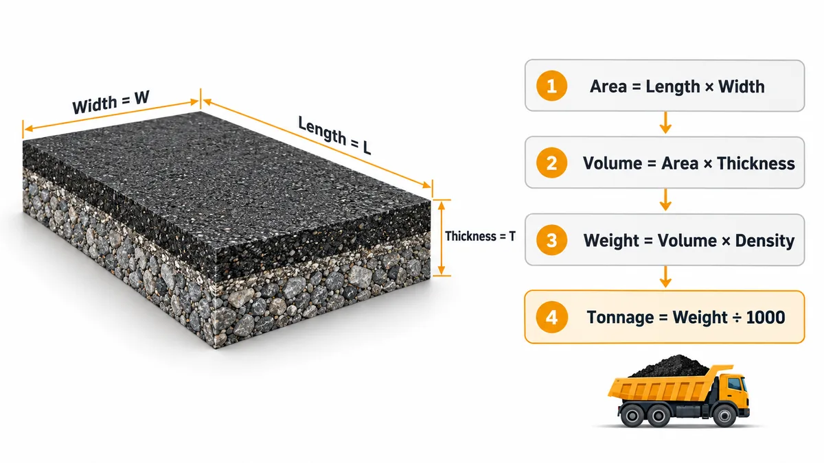 Asphalt slab diagram showing length, width and thickness with the calculation from area and volume to asphalt tonnage