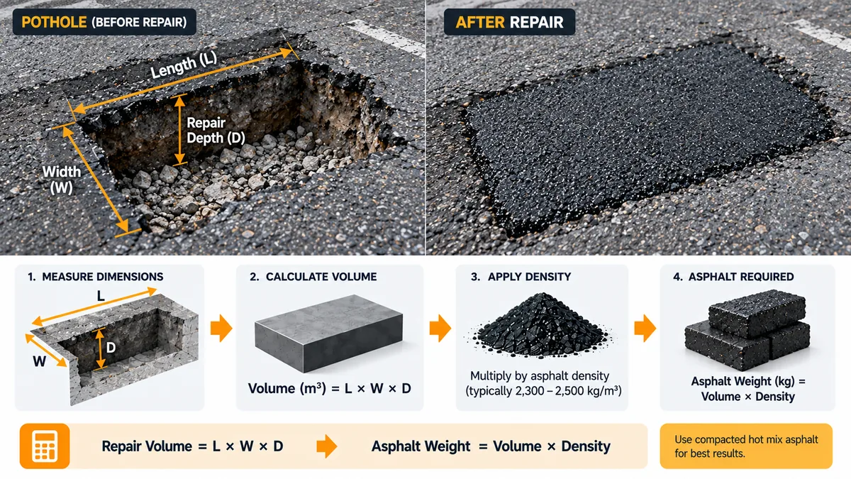 Pothole repair area showing length, width and depth measurements used to estimate asphalt repair quantity