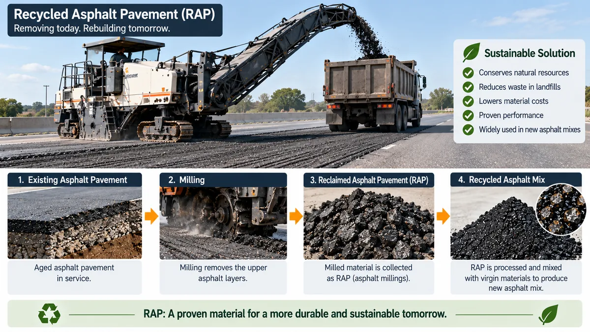 Recycled asphalt pavement process showing reclaimed material from removal and milling through reuse as RAP
