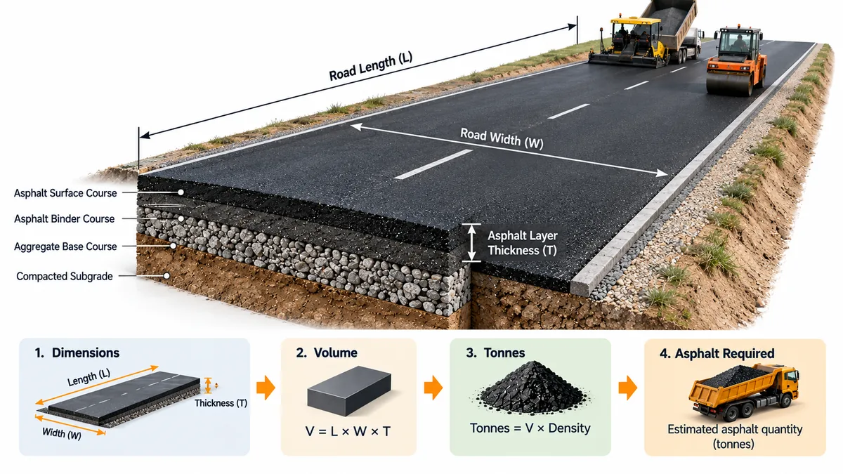 Road pavement section showing length, width, thickness and the sequence from volume to asphalt quantity